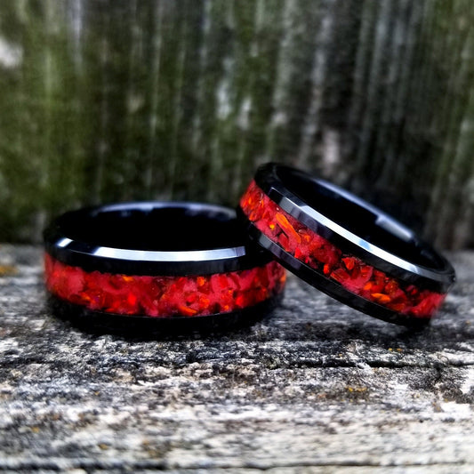 His and Hers Wedding Ring Set. Opal rings. Black Ceramic ring set with red fire opal and glowstone inlay. 8mm and 6mm rings. Sizes 5-13