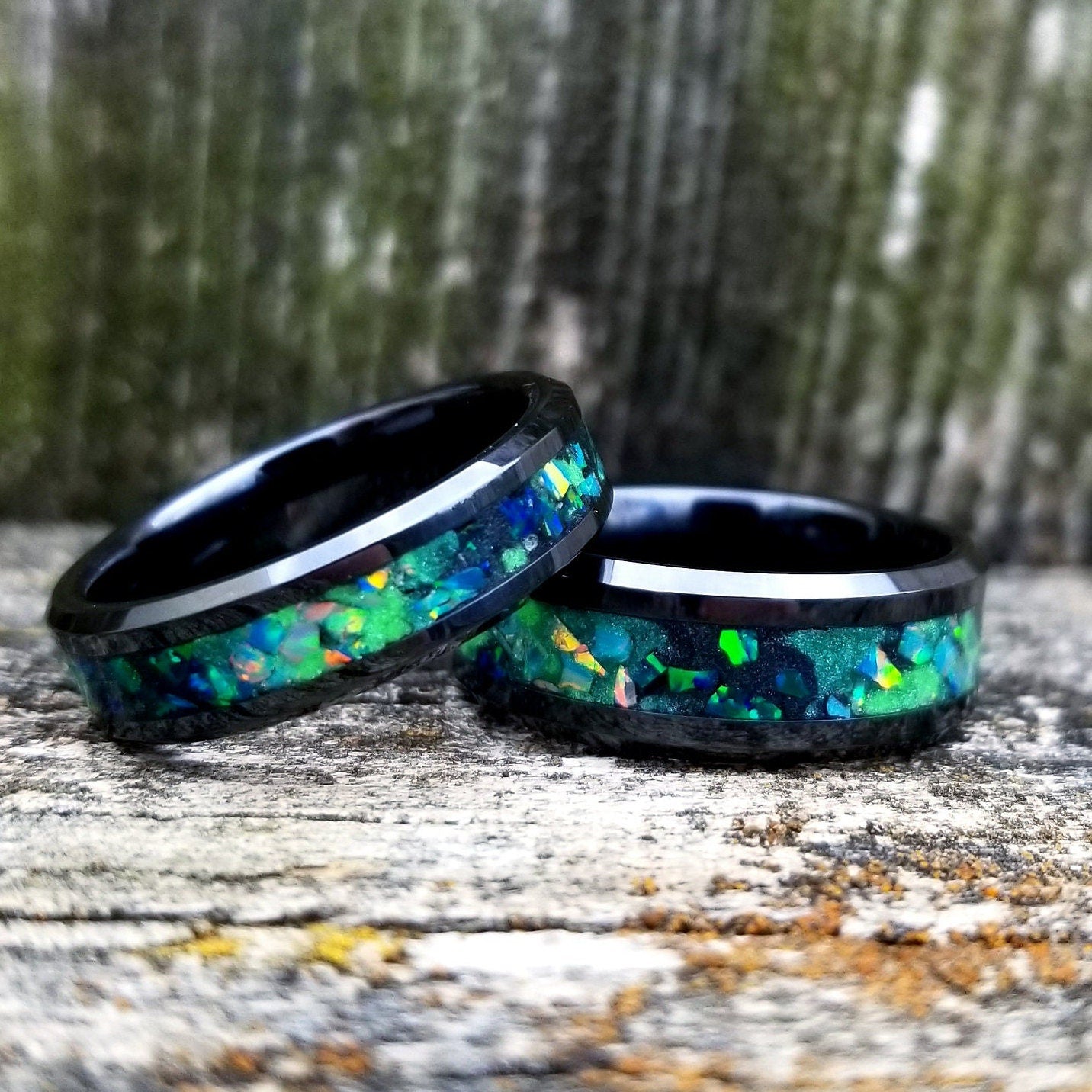 His and Hers wedding ring Galaxy fire opal Black