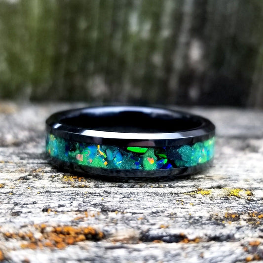 Galaxy opal ring. Black ceramic glow ring with forest green opal and jade fire opal inlay. Men's ring. Sizes 5-13