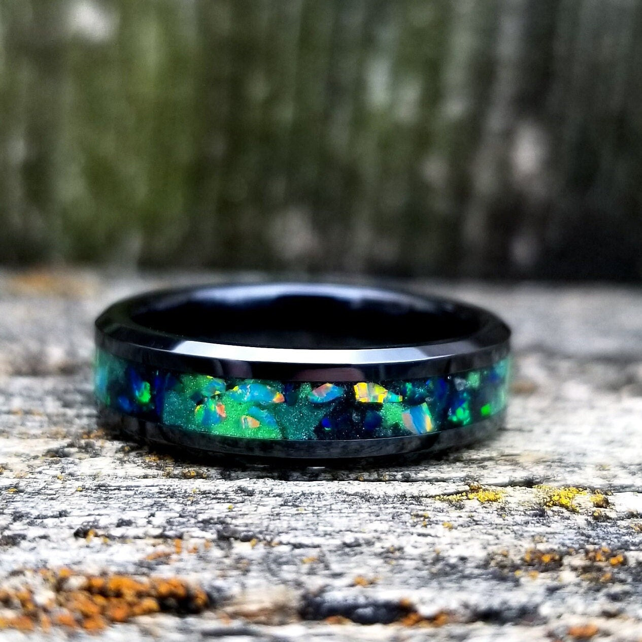 Personalized Men's Promise Ring Band - Black With White Fire Opal Inlay |  Think Engraved