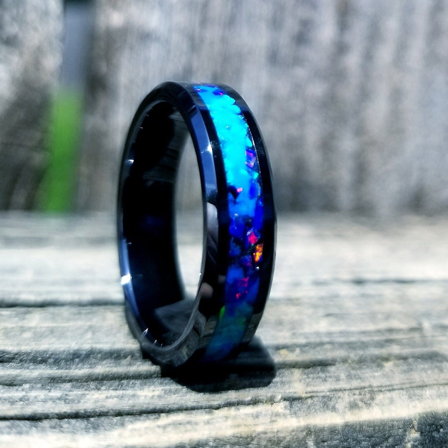 His and Hers wedding ring set. Galaxy fire opal ring. Black ceramic glow ring set with turquoise opal and blue fire opal inlay. Sizes 5-13