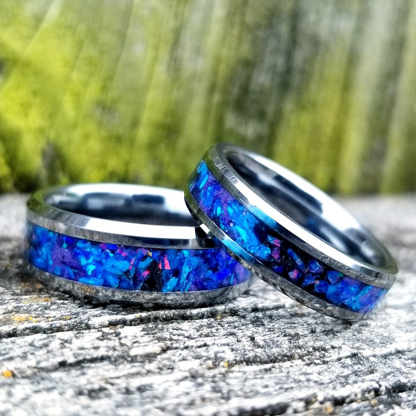 His and Hers wedding ring set. Galaxy fire opal ring. Tungsten glow ring set with violet opal and blue fire opal inlay. Sizes 5-13