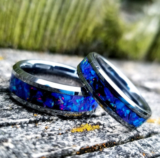 His and Hers wedding ring set. Galaxy fire opal ring. Tungsten glow ring set with violet opal and blue fire opal inlay. Sizes 5-13