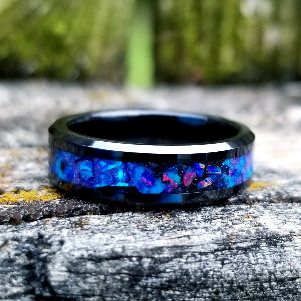 His and Hers wedding ring set. Galaxy fire opal ring. Black ceramic glow ring set with violet opal and blue fire opal inlay. Sizes 5-13