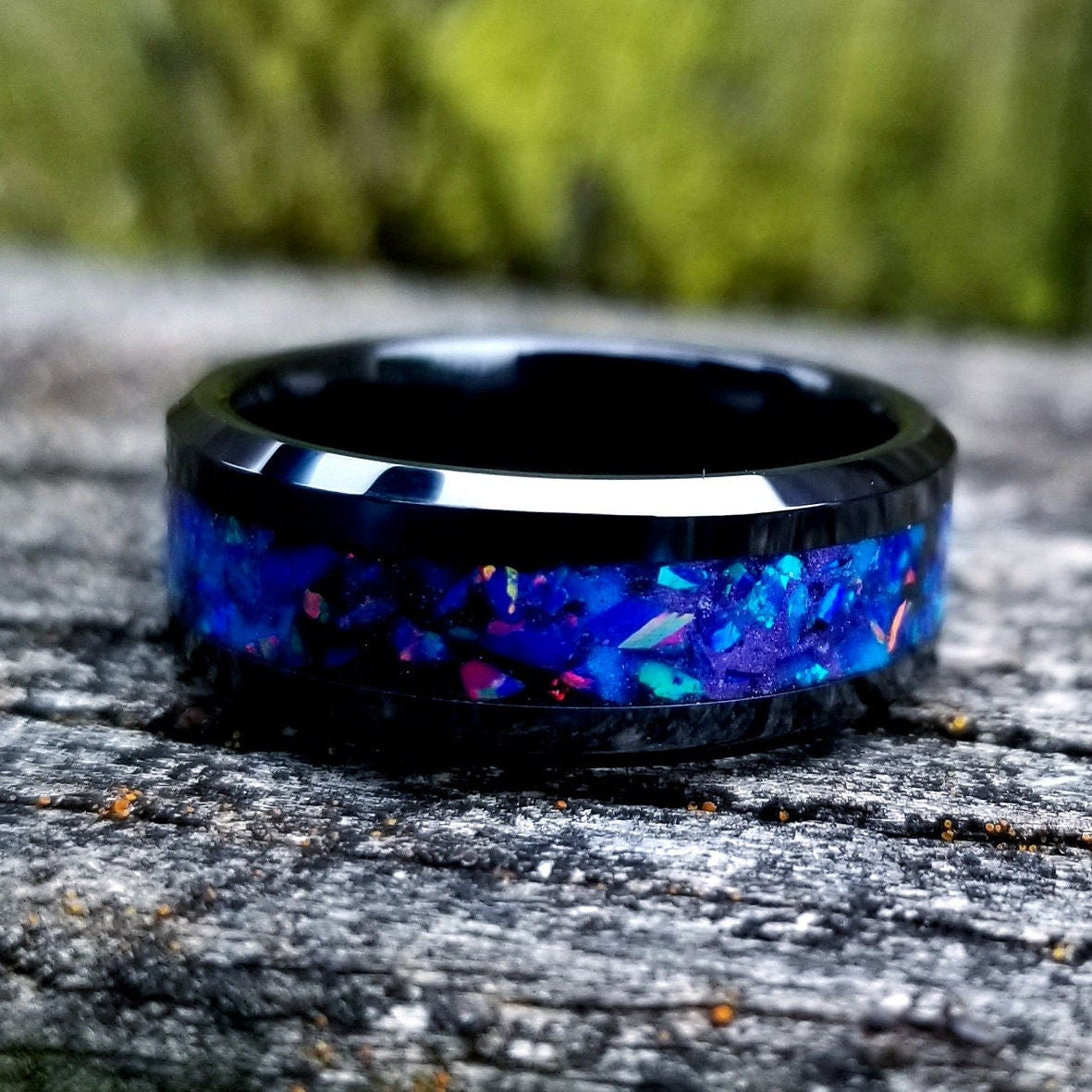 His and Hers wedding ring set. Galaxy fire opal ring. Black ceramic glow ring set with violet opal and blue fire opal inlay. Sizes 5-13