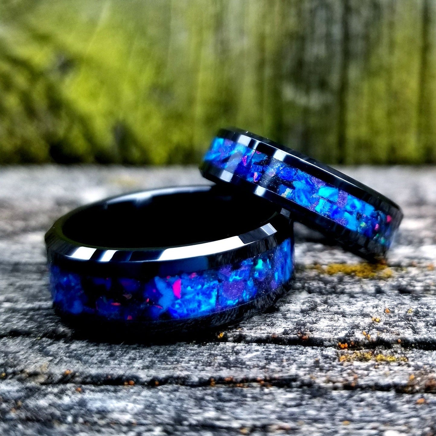 Black ceramic galaxy glow ring with violet opal and blue fire opal inlay. Men's ring. Women's ring. Wedding ring. Glow ring Sizes 5-13