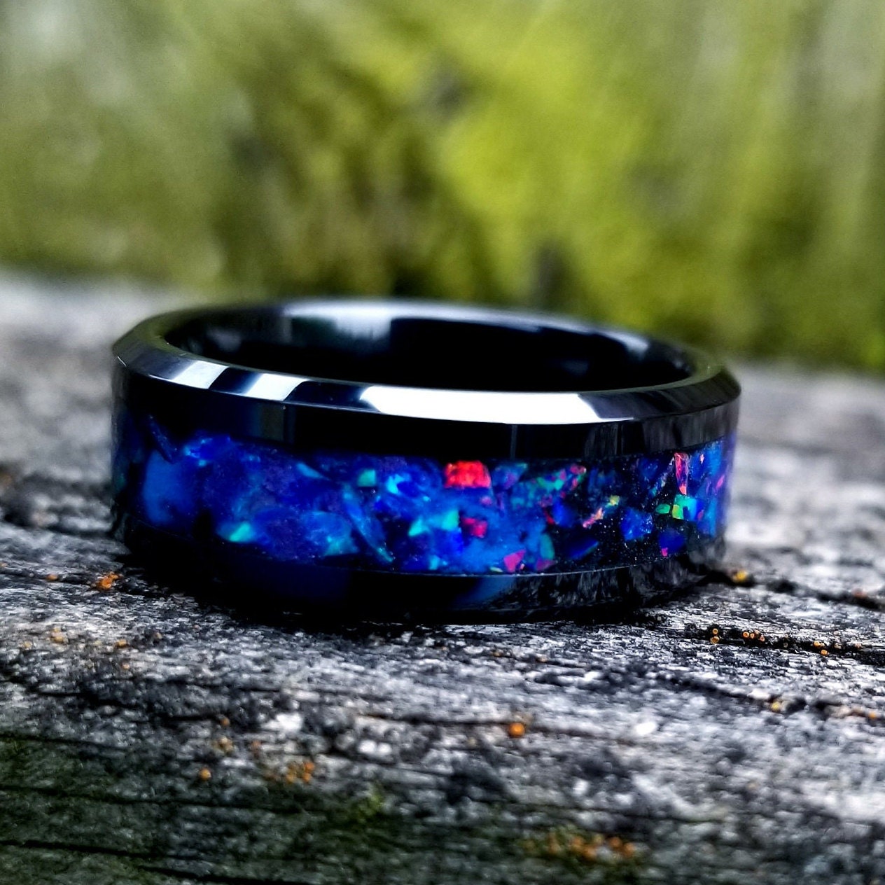 Black ceramic galaxy glow ring with violet opal and blue fire opal inlay. Men's ring. Women's ring. Wedding ring. Glow ring Sizes 5-13